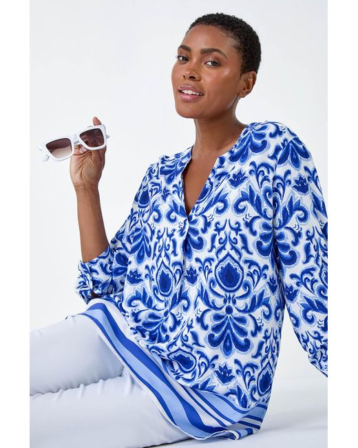 Roman Blue Ornate Border Print Pleated V-Neck Top