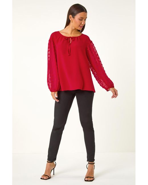 Roman Red Dobby Sleeve Tie Neck Blouse