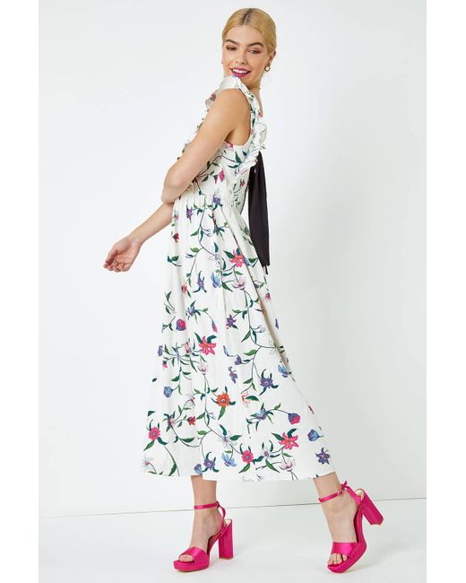 Roman White Dusk Fashion Floral Print Frill Detail Maxi Dress