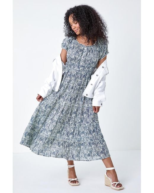 Roman Petite Blue Abstract Puff Sleeve Cotton Dress