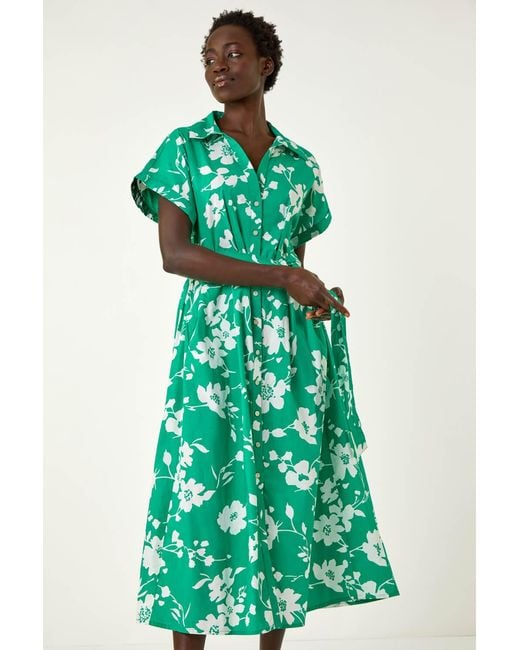 Roman Green Floral Cotton Poplin Shirt Dress