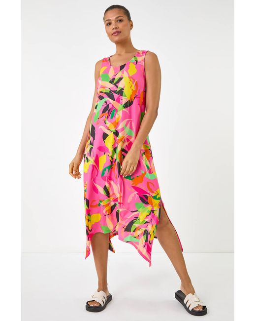 Roman Red Floral Print Hanky Hem Midi Dress