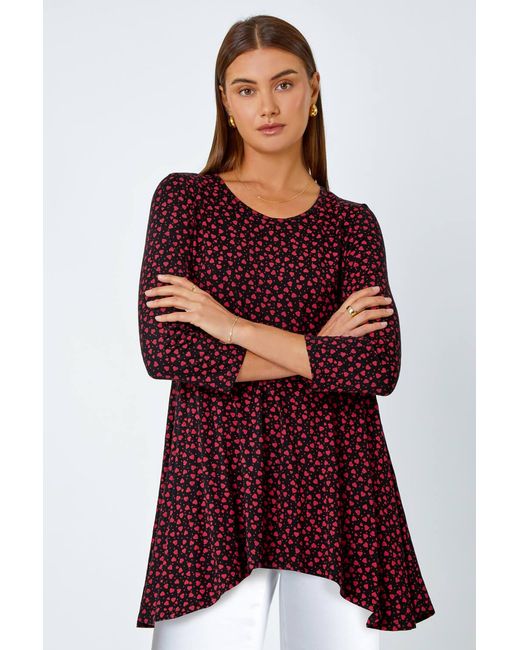 Roman Red Ditsy Heart Stretch Hanky Hem Top