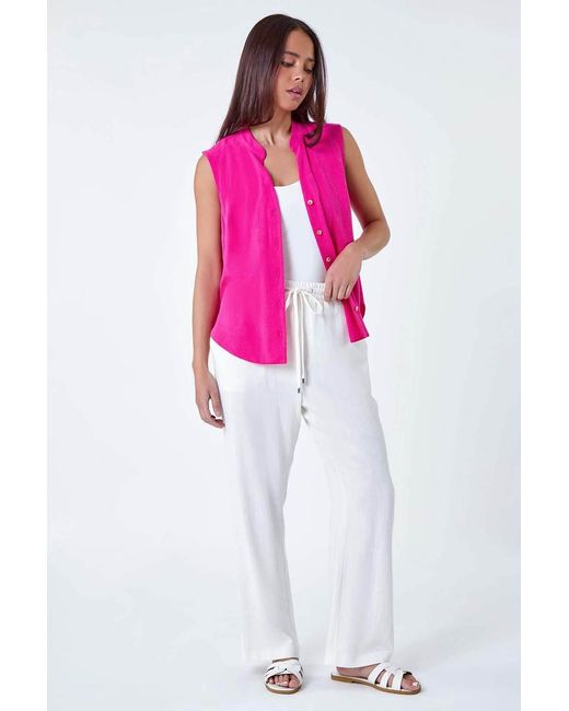 Roman Petite Pink Linen Blend Sleeveless V-Neck Blouse