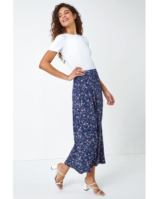 Roman Blue Floral Print Elastic Waist Midi Stretch Skirt