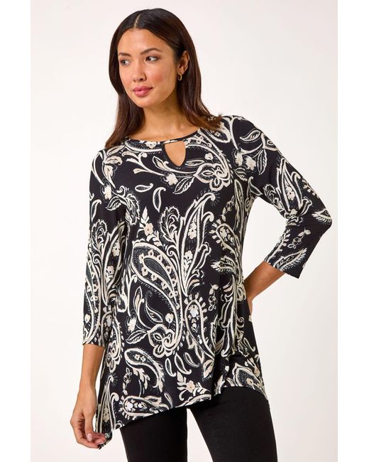 Roman Black Paisley Print Keyhole Top