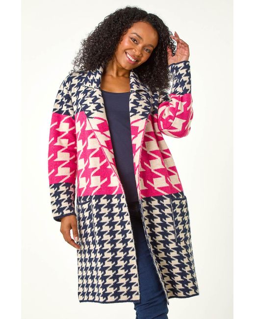 Roman Petite Red Houndstooth Knit Coatigan