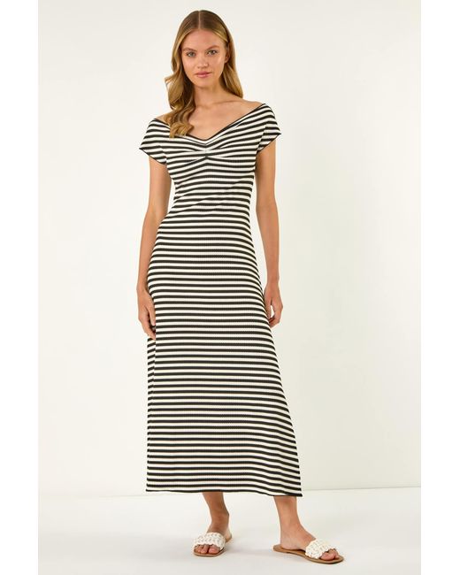 Roman Black Stripe Bardot Knit Midi Stretch Dress