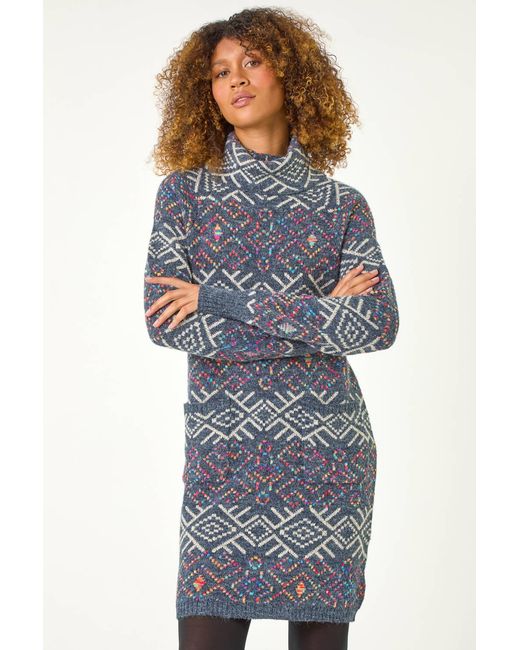 Roman Blue Aztec Roll Neck Knitted Dress