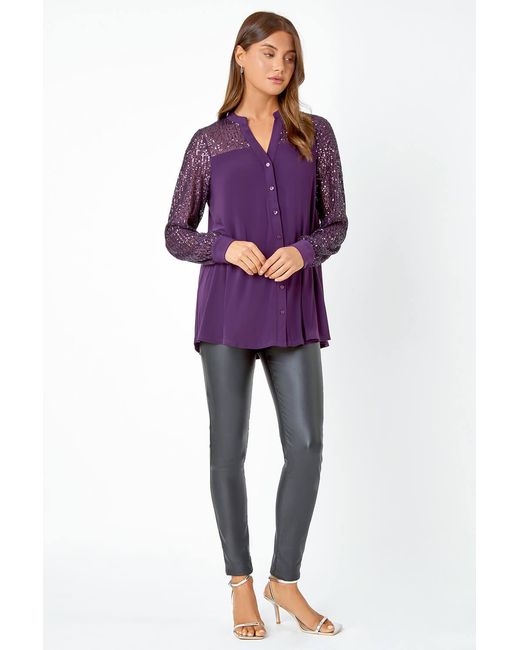 Roman Purple Embellished Sequin Stretch Blouse