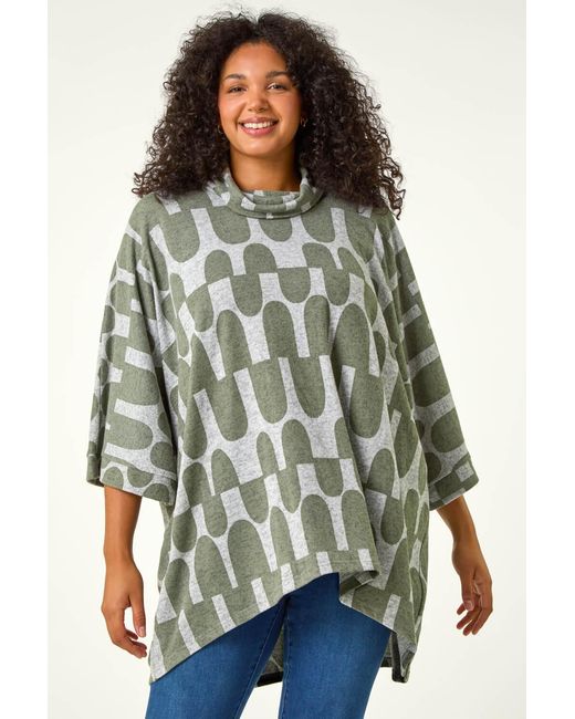 Roman Curve Green Geometric Print Roll Neck Top
