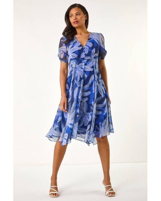 Roman Blue Abstract Floral Print Hanky Hem Dress
