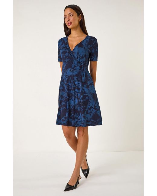 Roman Blue Stretch Tie Dye Buckle Wrap Dress