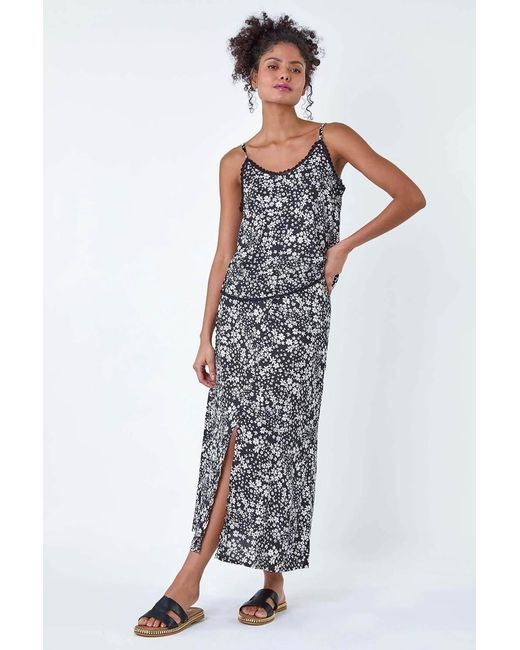 D.u.s.k Black Ditsy Floral Button Detail A Line Midi Skirt