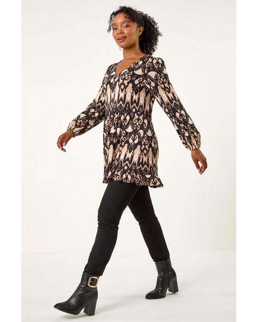 Roman Petite Black Aztec Frill Hem Top