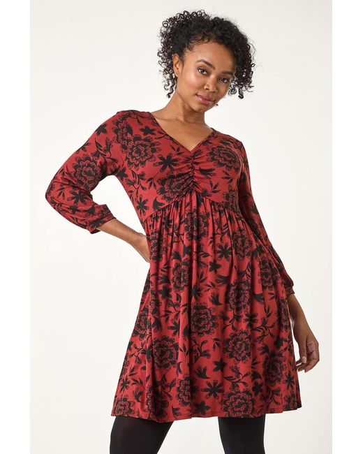 Roman Petite Red Floral Ruched Stretch Dress