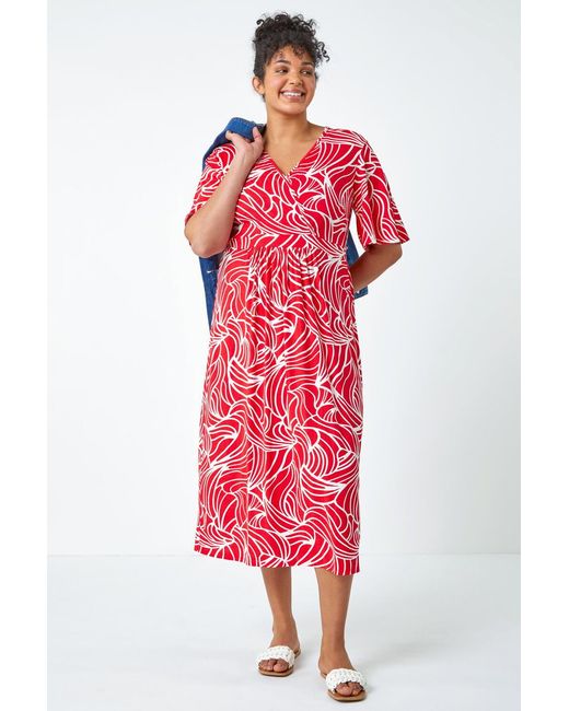 Roman Curve Red Linear Print Midi Wrap Dress