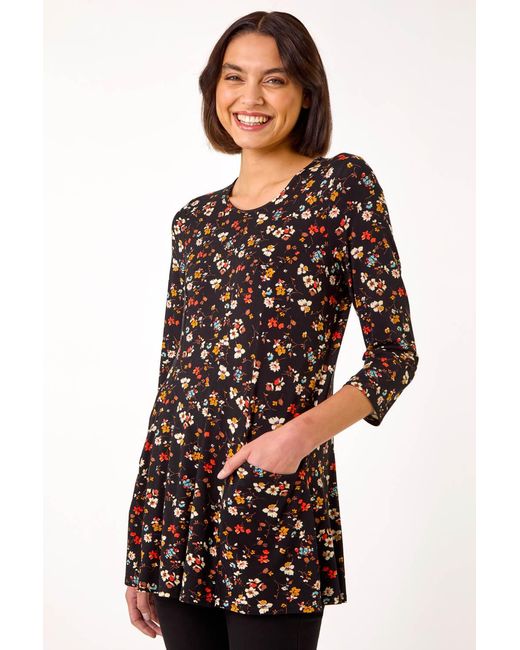 Roman Black Floral Print Pocket Detail Tunic
