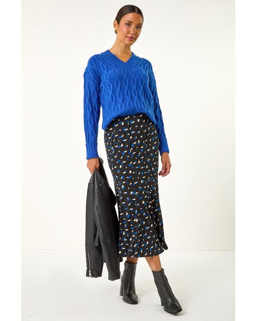 Roman Blue Geo Print Asymmetric A-Line Skirt