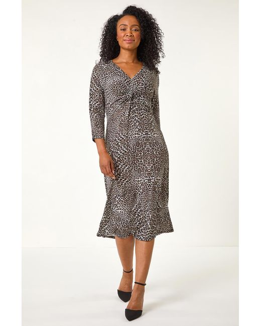 Roman Petite Gray Animal Print Twist Stretch Midi Dress