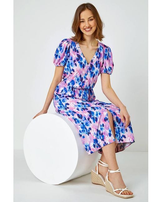 Roman Blue Floral Print Button Detail Midi Dress