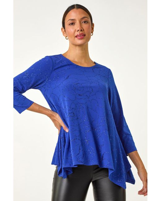 Roman Blue Glitter Rose Asymmetric Hem Top