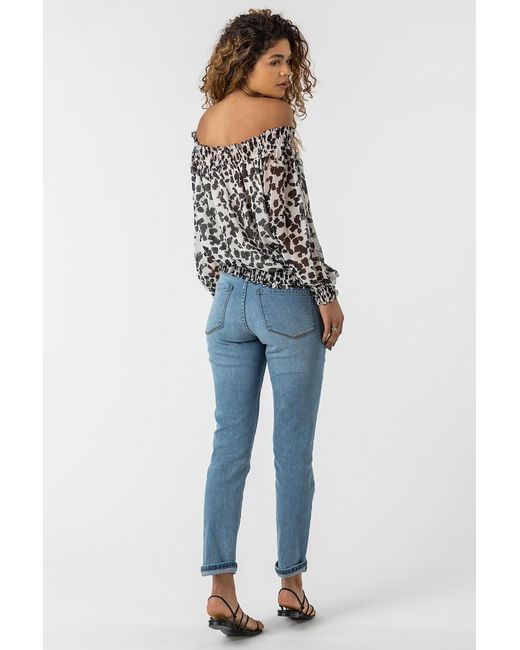 Roman White Shirred Animal Print Bardot Chiffon Top