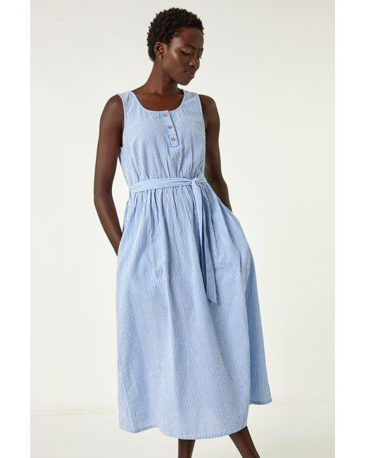 Roman Blue Pinstripe Belted Midi Dress