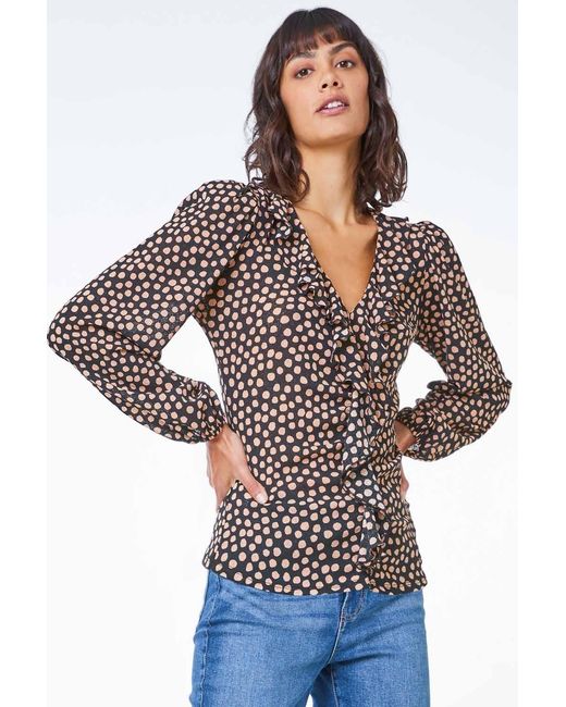 Roman Natural Spot Print V-Neck Ruffle Top