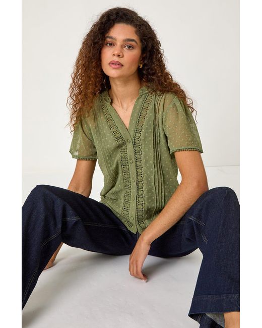 Roman Green Textured Spot Lace Trim Blouse