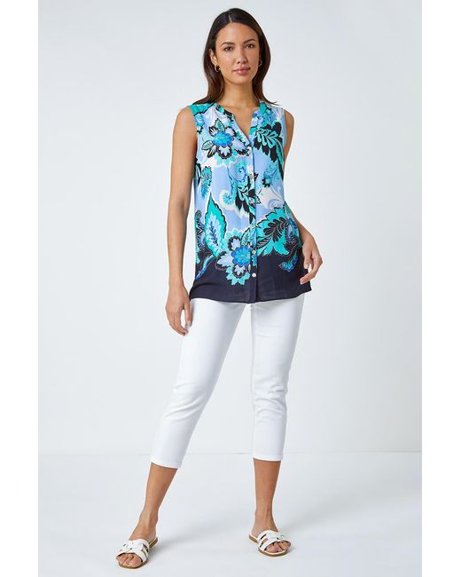Roman Blue Paisley Contrast Border Print Top