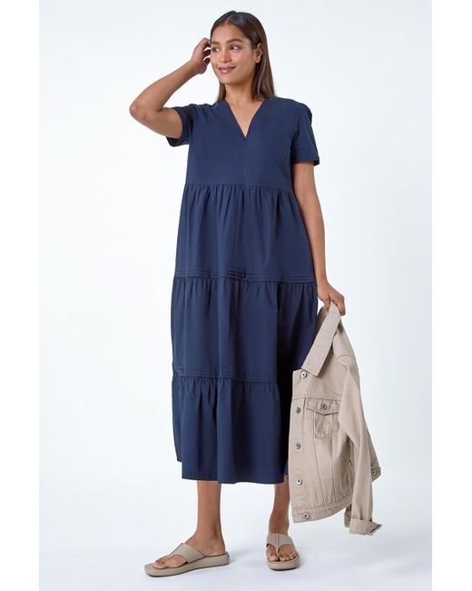 Roman Blue Plain Cotton Tiered Maxi Dress