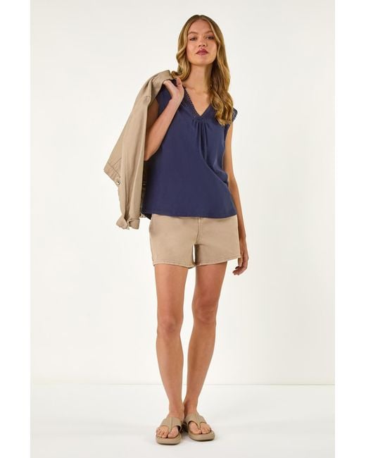 Roman Blue Sleeveless V-Neck Lace Trim Cotton Top