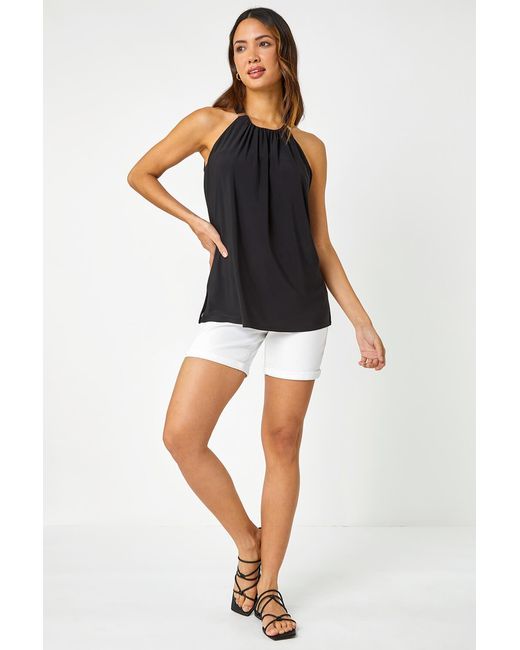 Roman Blue Tie Back Halter Neck Trim Detail Stretch Top