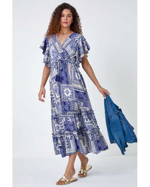 Roman Blue Patchwork Print Tiered Wrap Maxi Dress