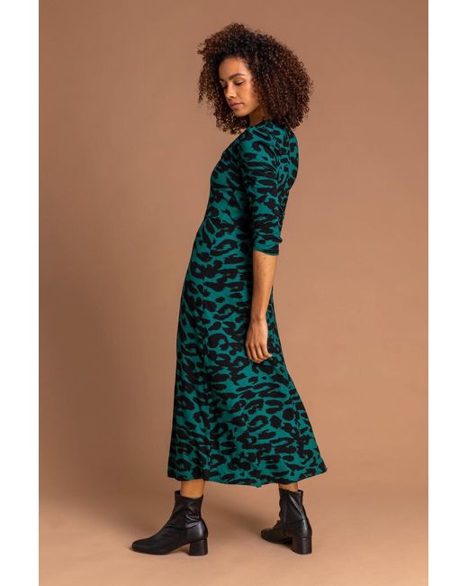 Roman Blue Leopard Print Fit And Flare Midi Dress