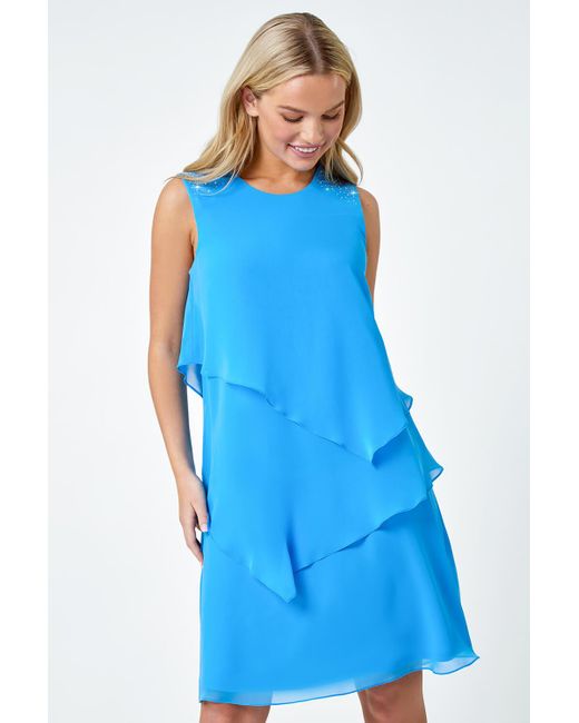 Roman Blue Originals Petite Embellished Chiffon Tiered Shift Dress