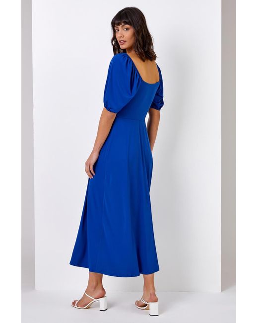Roman Blue Ruched Jersey Tie Detail Midi Dress