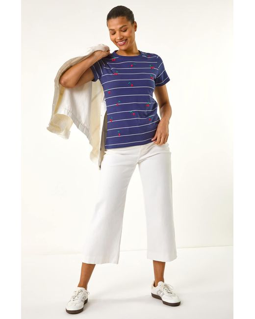 Roman Blue Embroidered Cherry Cotton Tee