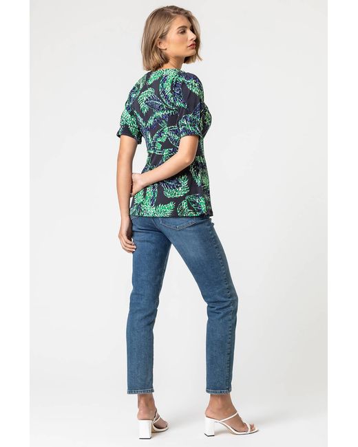 Roman Blue Leaf Print Puff Sleeve Tie Detail Top