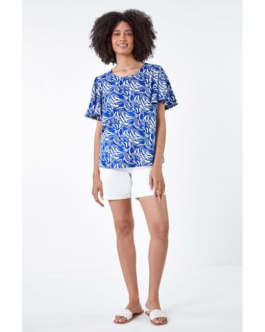 Roman Blue Abstract Print Flared Sleeve Top