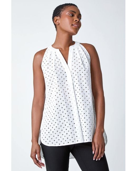 Roman White Broderie V-Neck Cotton Tunic Top