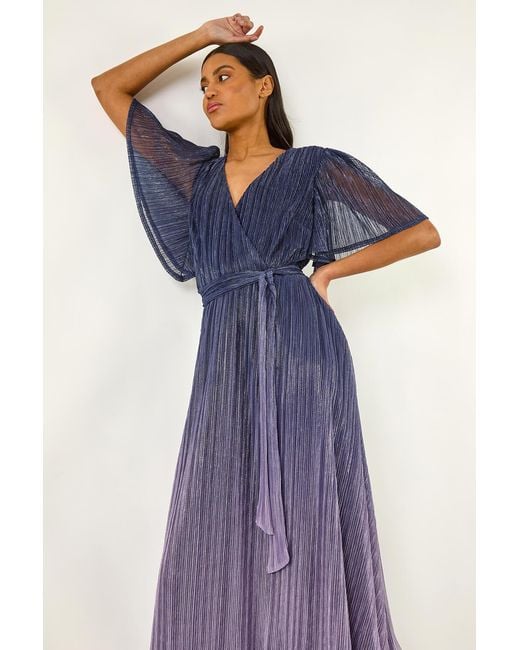 Roman Blue Ombre Shimmer Plisse Midi Dress