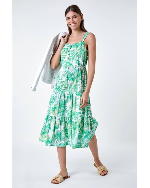 Roman Green Leaf Print Cotton Tiered Dress