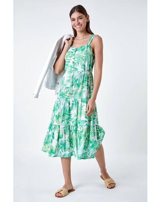 Roman Green Leaf Print Cotton Tiered Dress