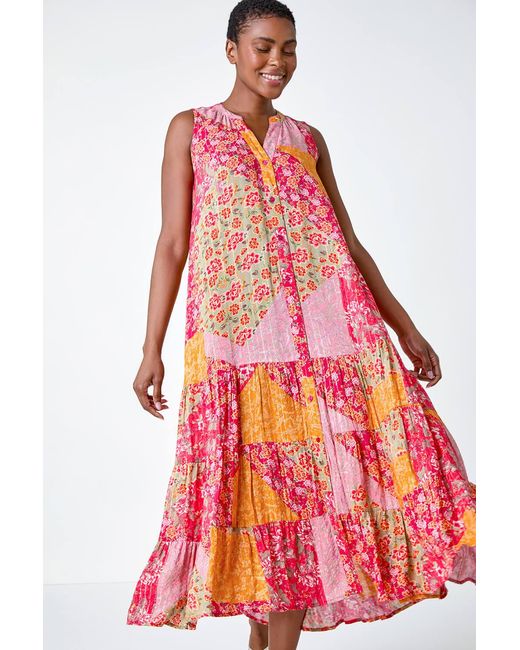 Roman Patchwork Shimmer Smock Tiered Midi Dress