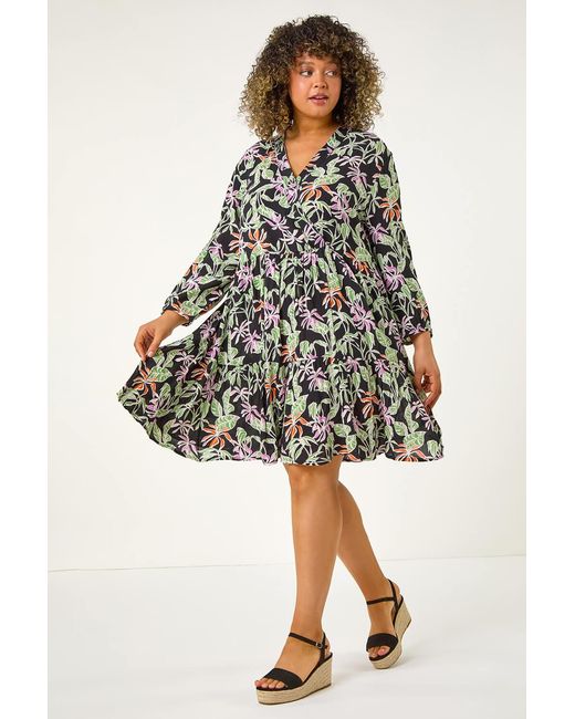 Roman Curve Black Tropical Leaf Print Wrap Dress
