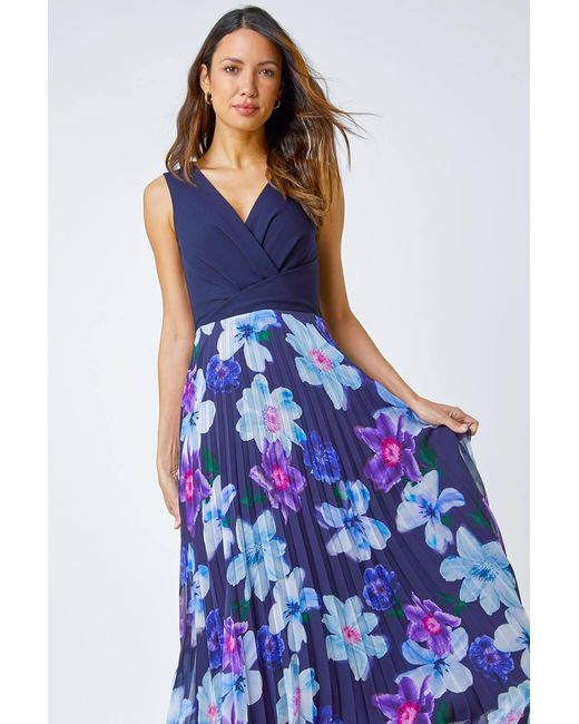 Roman Blue Floral Print Pleated Chiffon Wrap Maxi Dress