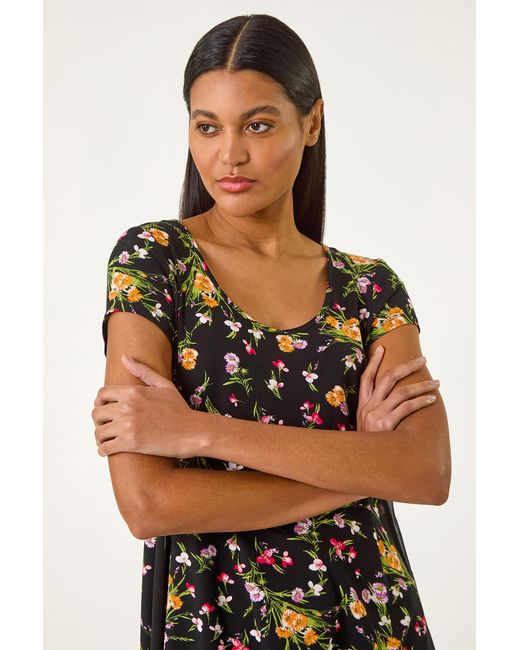 Roman Black Floral High Low Hem Top