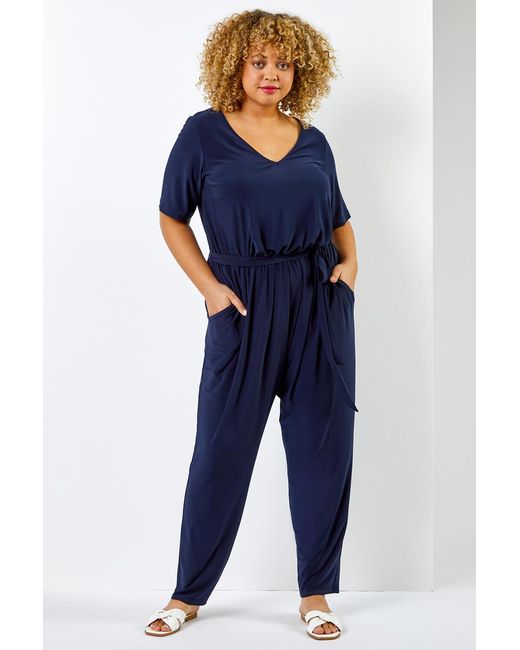 Roman Curve Blue Tie Waist Jersey Jumpsuit